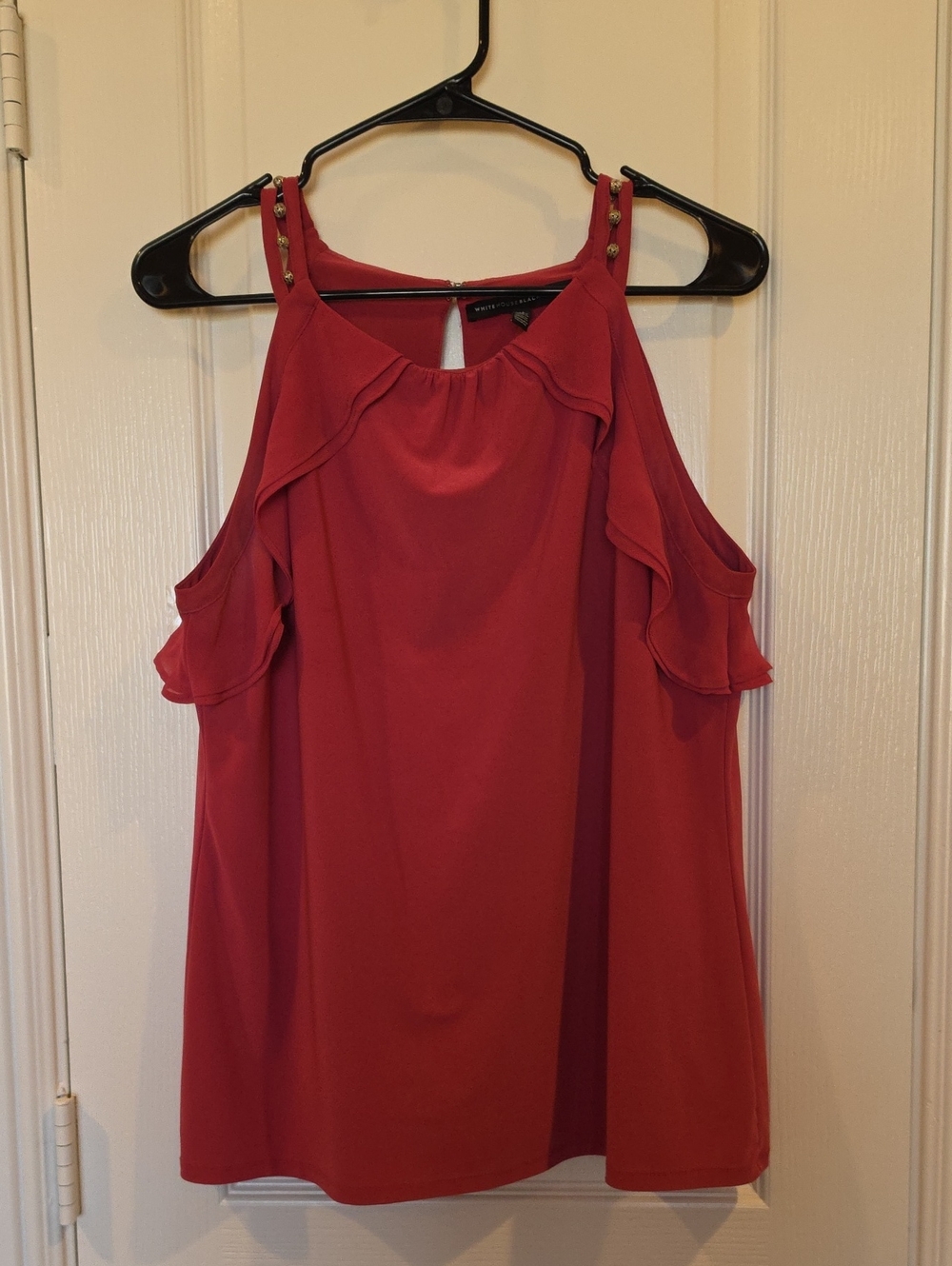 Whiye House Black Market Red Cold-Shoulder Ruffle Camisole with  Studs, Medium